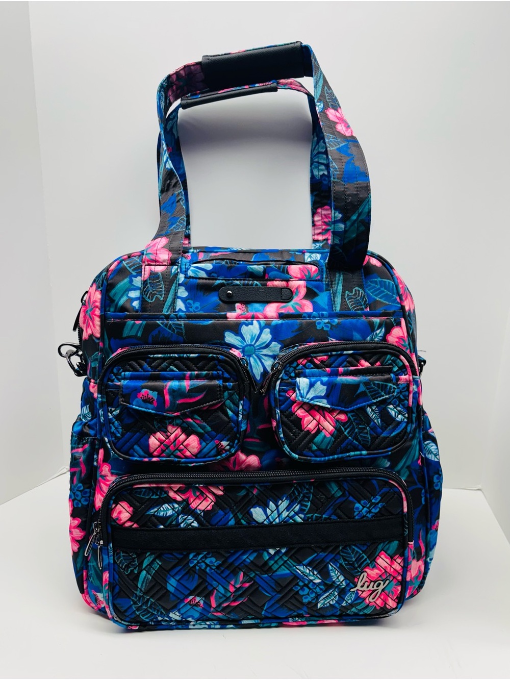 MAKE AN OFFER! EUC Lug RESORT BLACK PUDDLE JUMPER Convertible Tote Bag Blue Pink - Picture 3 of 12